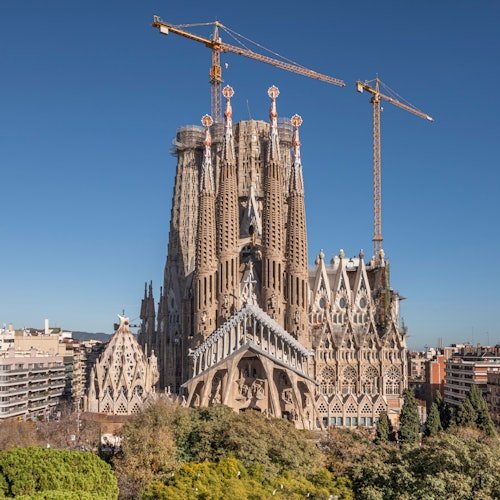 Vista aérea de la Sagrada Familia de Barcelona bajo un cielo azul despejado, con grúas de construcción y vegetación en primer plano.